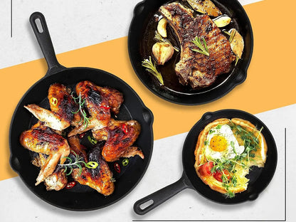 Cast Iron Pan Set - 3 Piece Pre-Seasoned Skillet, Grill Pan, and Fry Pans for Grilling, Frying, and Sautéing - Cookware, Oil round Frying Pan