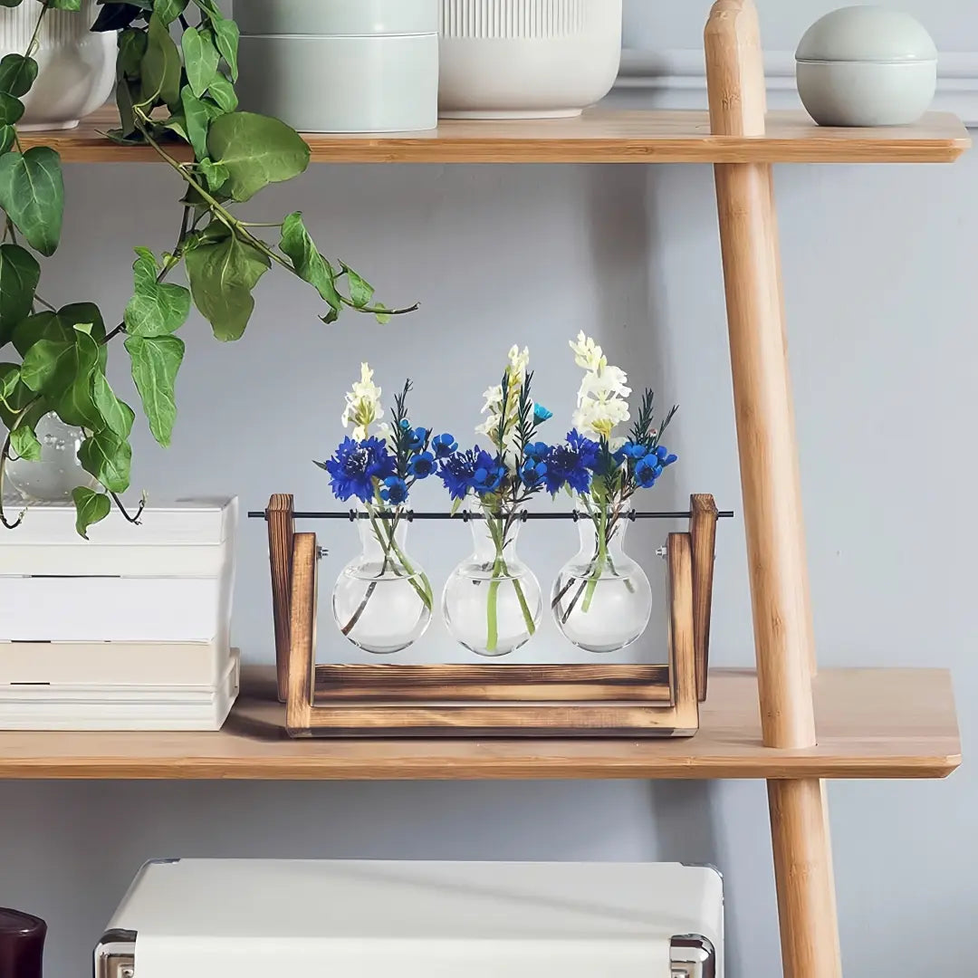 Plant Terrarium with Wooden Stand Air Planter Bulb Glass Vase Metal Swivel Holder Retro Tabletop for Hydroponics Home Garden Office Decoration - 3 Bulb Vase Plant Lover'S Choice