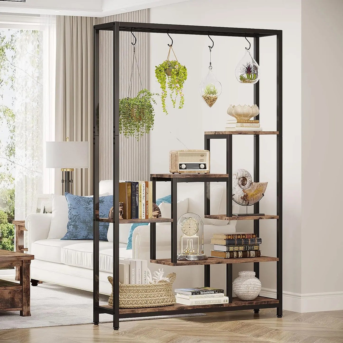 Large 5-Tier Indoor Plant Stand Tall with 10 PCS Hanging Hooks, Organiser, Metal Rack Shelf Decoration by Tribesigns 