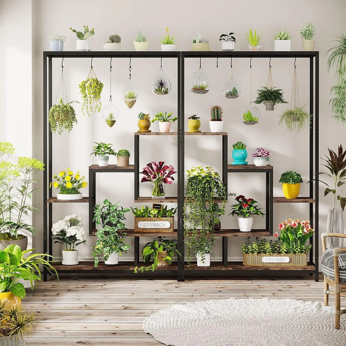 Large 5-Tier Indoor Plant Stand Tall with 10 PCS Hanging Hooks, Organiser, Metal Rack Shelf Decoration by Tribesigns 