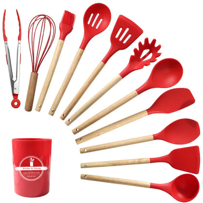 12 Pieces Silicone Kitchen Utensil Set, Wooden Handles, Durable, Heat-Resistant, for Cooking and Baking, Kitchen Supplies, Girly Kitchenware Black