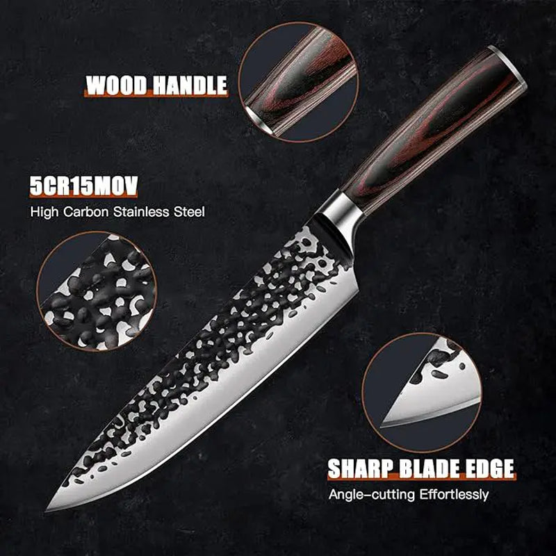 3PCS Professional Kitchen Knife Set Forged Hammered Japanese Chef Knife Sharp German High Carbon Stainless Steel 8 Inch Chef'S Knife 7 Inch Nakiri Knife 5 Inch Utility Knife