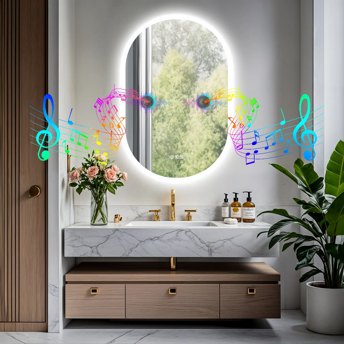 Oval Illuminated Bathroom Vanity Mirror with Bluetooth Speaker Backlit Makeup Mirror