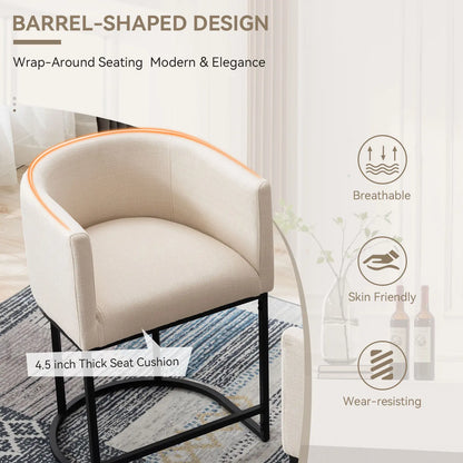  Counter Height Bar Stools, CHAIRUS 24" Modern Barrel Counter Stools with Backrest and Arms, Linen Fabric Bar Chairs with Black Metal Frames and Footrest,Upholstered Accent Bar Stools for Kitchen Island, Dining Room,Cream