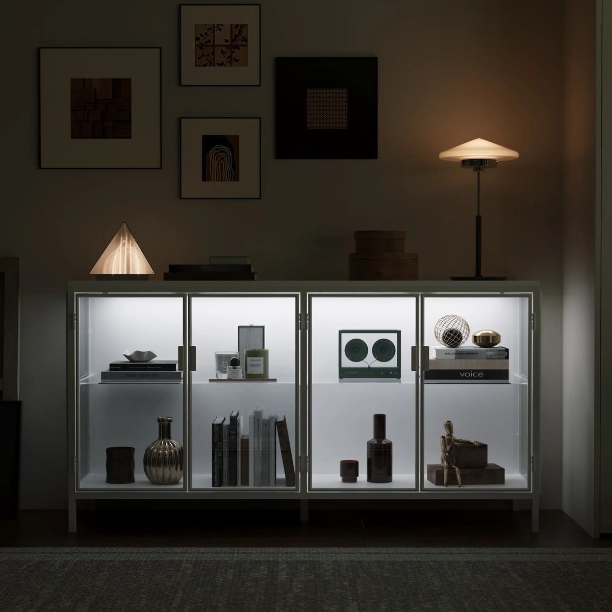 FUFU&GAGA Storage Cabinet with 3-Color LED Lights Glass Shelves & 4 Compartments Modern Display Cabinet for Living Room Dining Room Solid Metal Legs Adjustable Lighting