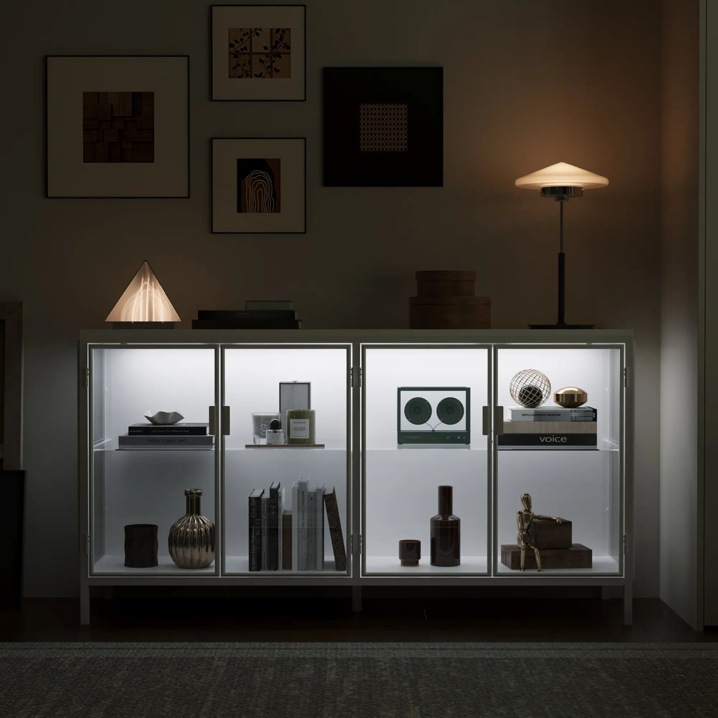 FUFU&GAGA Storage Cabinet with 3-Color LED Lights Glass Shelves & 4 Compartments Modern Display Cabinet for Living Room Dining Room Solid Metal Legs Adjustable Lighting