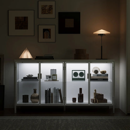 FUFU&GAGA Storage Cabinet with 3-Color LED Lights Glass Shelves & 4 Compartments Modern Display Cabinet for Living Room Dining Room Solid Metal Legs Adjustable Lighting