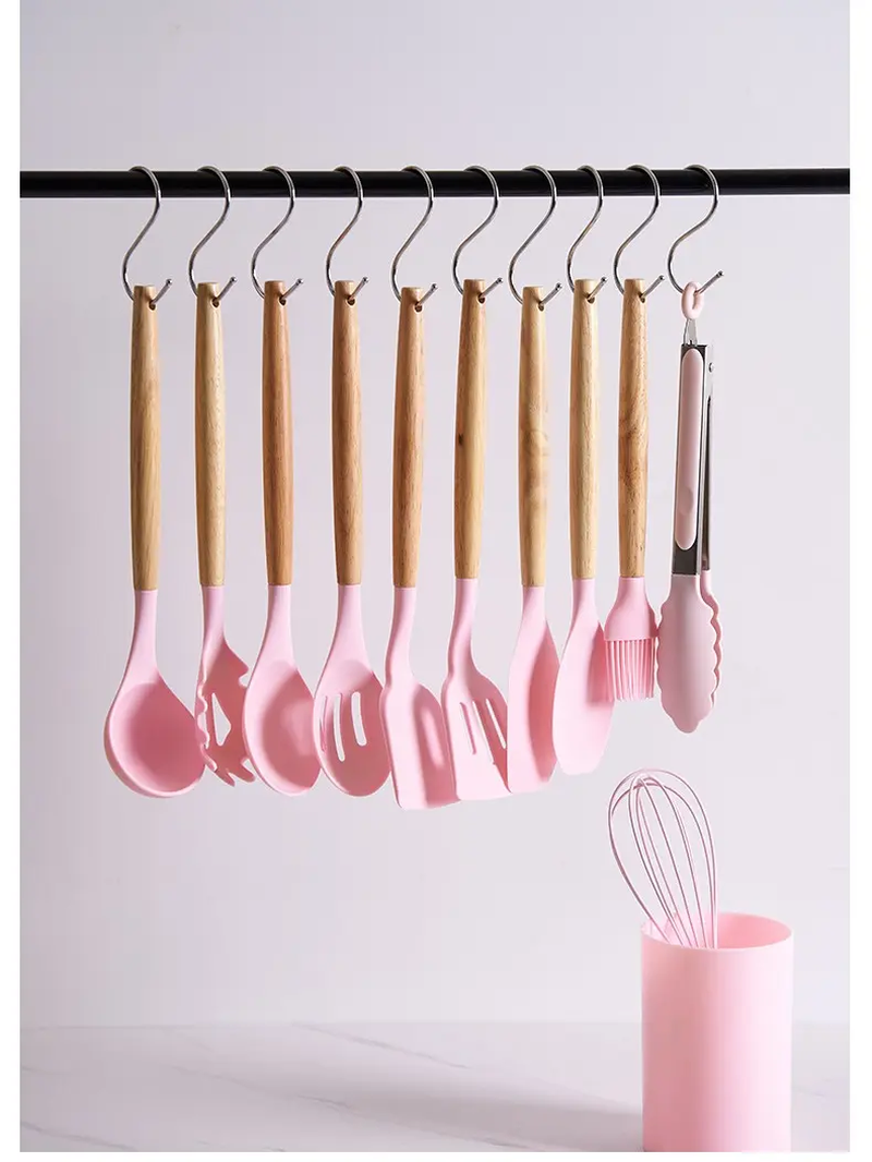 12 Pieces Silicone Kitchen Utensil Set, Wooden Handles, Durable, Heat-Resistant, for Cooking and Baking, Kitchen Supplies, Girly Kitchenware Black