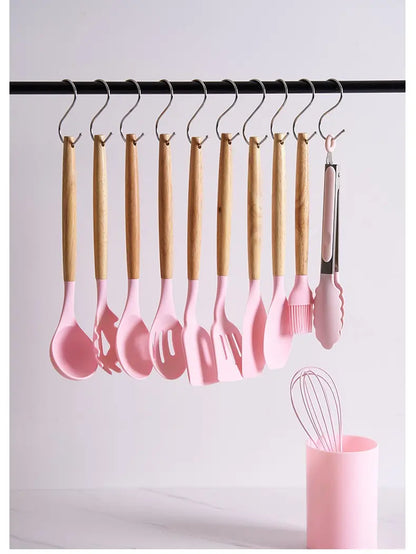 12 Pieces Silicone Kitchen Utensil Set, Wooden Handles, Durable, Heat-Resistant, for Cooking and Baking, Kitchen Supplies, Girly Kitchenware Black