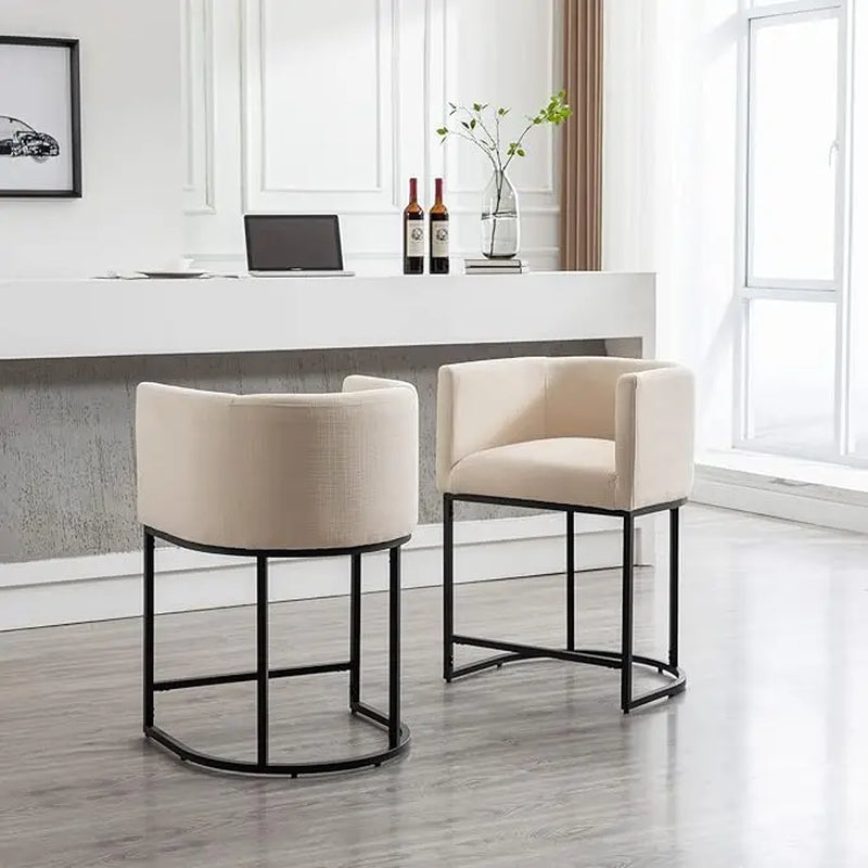  Counter Height Bar Stools, CHAIRUS 24" Modern Barrel Counter Stools with Backrest and Arms, Linen Fabric Bar Chairs with Black Metal Frames and Footrest,Upholstered Accent Bar Stools for Kitchen Island, Dining Room,Cream