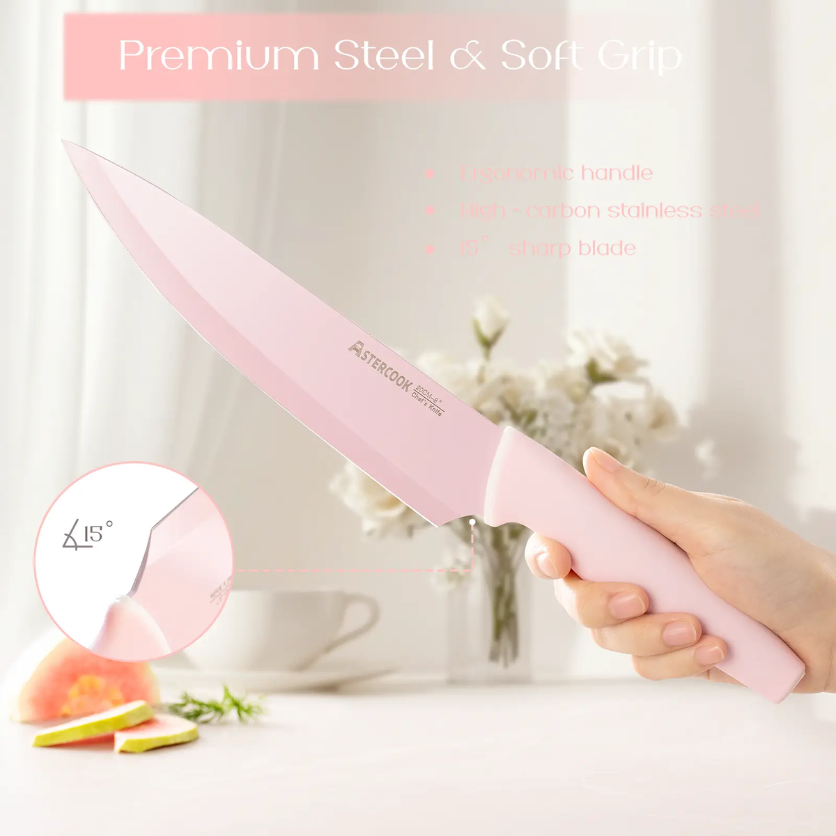 Chef Knife Full Set 16 Pcs- Stand & Measuring Cups Included - Highcarbon Stainless Steel Sharp Serrated Steak Knives, Scissor Knives Block Perfect Balance for Precision Cutting & Slicing