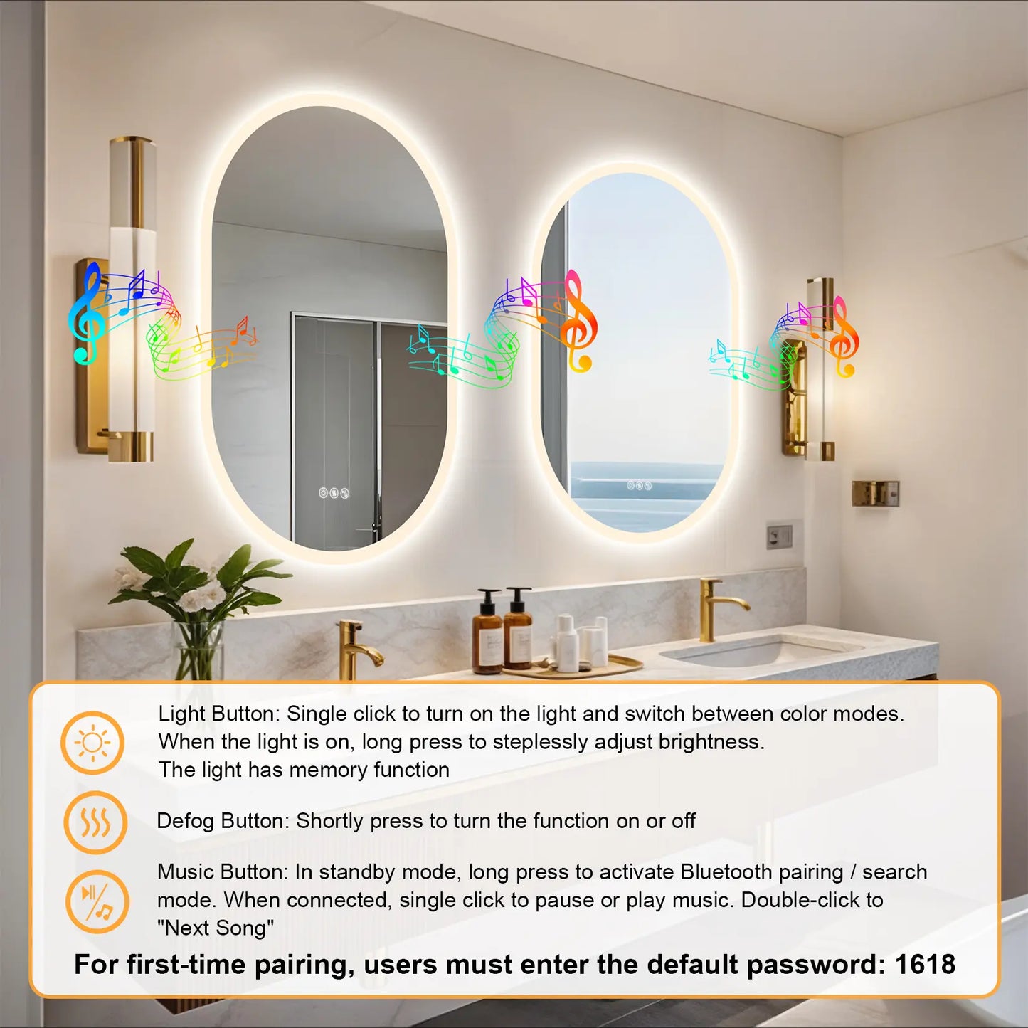 Oval Illuminated Bathroom Vanity Mirror with Bluetooth Speaker Backlit Makeup Mirror