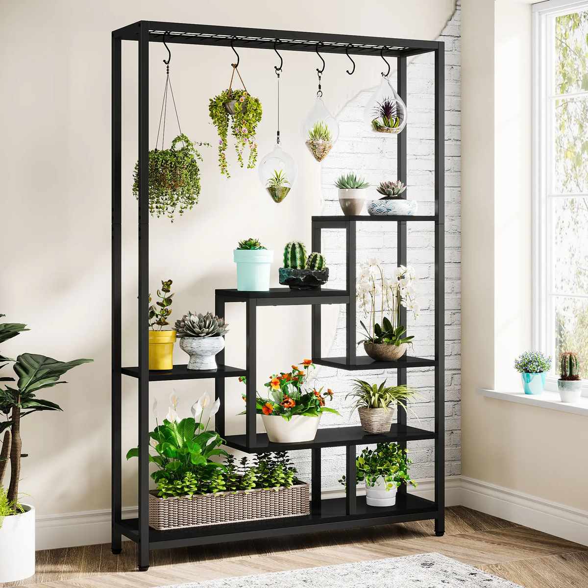 Large 5-Tier Indoor Plant Stand Tall with 10 PCS Hanging Hooks, Organiser, Metal Rack Shelf Decoration by Tribesigns 