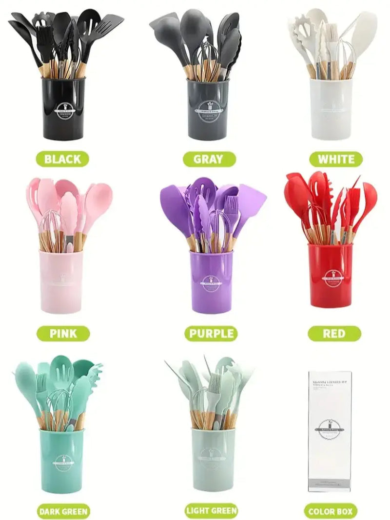 12 Pieces Silicone Kitchen Utensil Set, Wooden Handles, Durable, Heat-Resistant, for Cooking and Baking, Kitchen Supplies, Girly Kitchenware Black