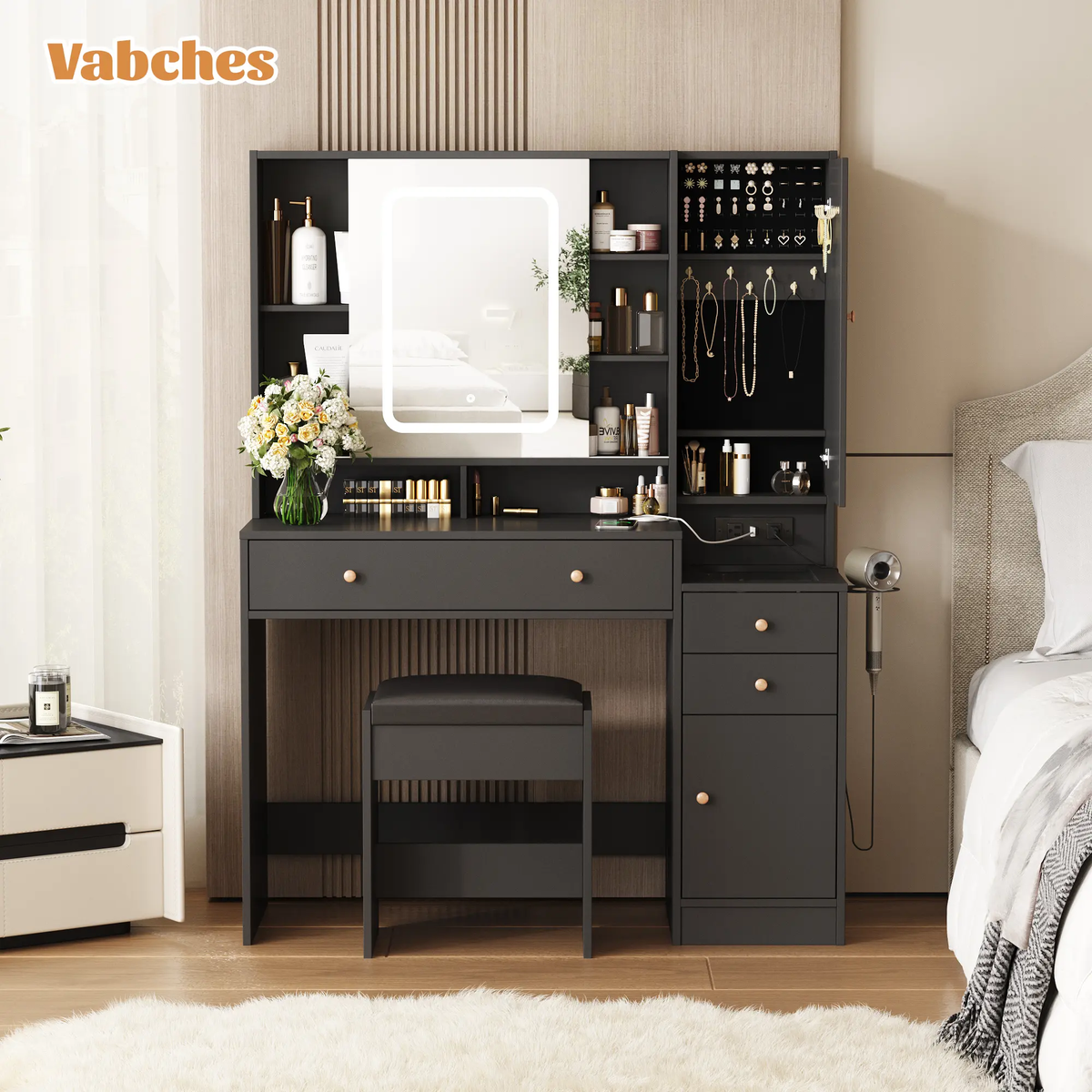 Modern LED Vanity Table with Mirror and Lights, Makeup Vanity Desk with 3 Drawers and Cabinets for Ample Storage by Vabches 