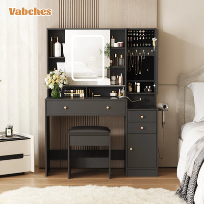 Modern LED Vanity Table with Mirror and Lights, Makeup Vanity Desk with 3 Drawers and Cabinets for Ample Storage by Vabches 