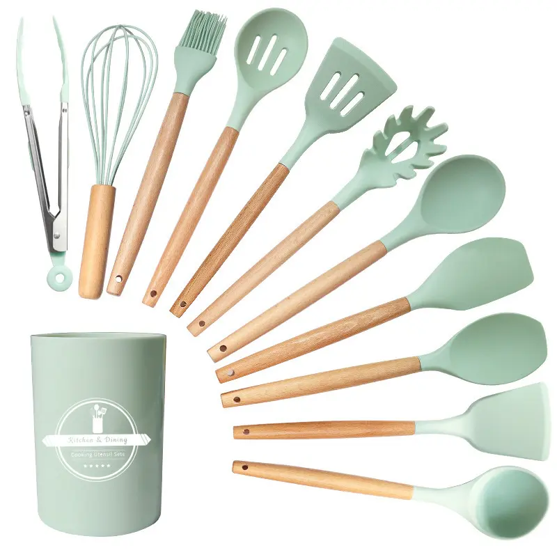 12 Pieces Silicone Kitchen Utensil Set, Wooden Handles, Durable, Heat-Resistant, for Cooking and Baking, Kitchen Supplies, Girly Kitchenware Black