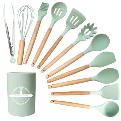 12 Pieces Silicone Kitchen Utensil Set, Wooden Handles, Durable, Heat-Resistant, for Cooking and Baking, Kitchen Supplies, Girly Kitchenware Black