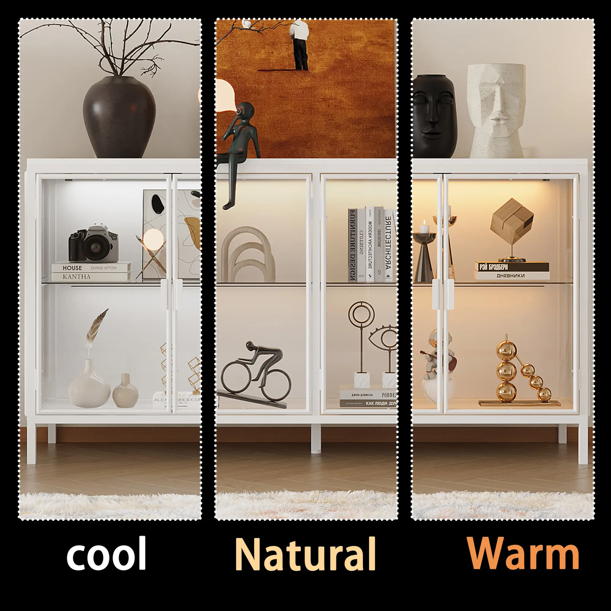 FUFU&GAGA Storage Cabinet with 3-Color LED Lights Glass Shelves & 4 Compartments Modern Display Cabinet for Living Room Dining Room Solid Metal Legs Adjustable Lighting