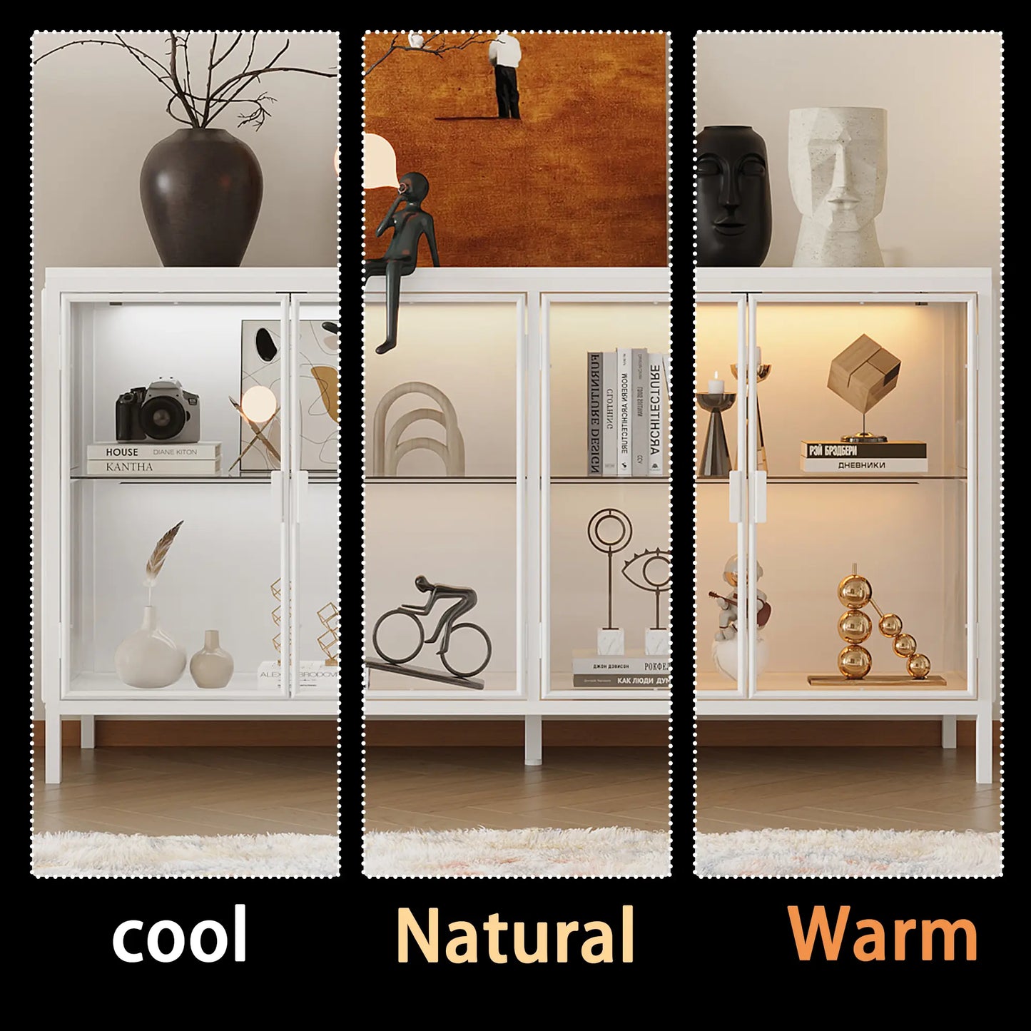 FUFU&GAGA Storage Cabinet with 3-Color LED Lights Glass Shelves & 4 Compartments Modern Display Cabinet for Living Room Dining Room Solid Metal Legs Adjustable Lighting
