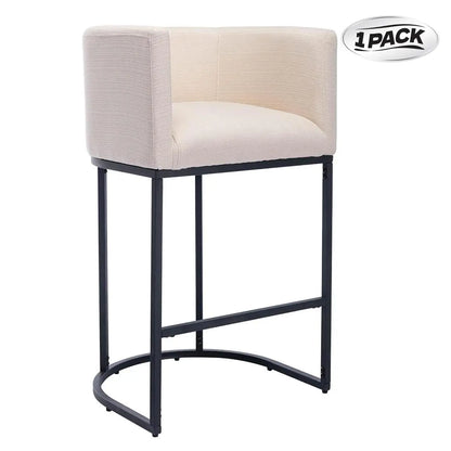  Counter Height Bar Stools, CHAIRUS 24" Modern Barrel Counter Stools with Backrest and Arms, Linen Fabric Bar Chairs with Black Metal Frames and Footrest,Upholstered Accent Bar Stools for Kitchen Island, Dining Room,Cream