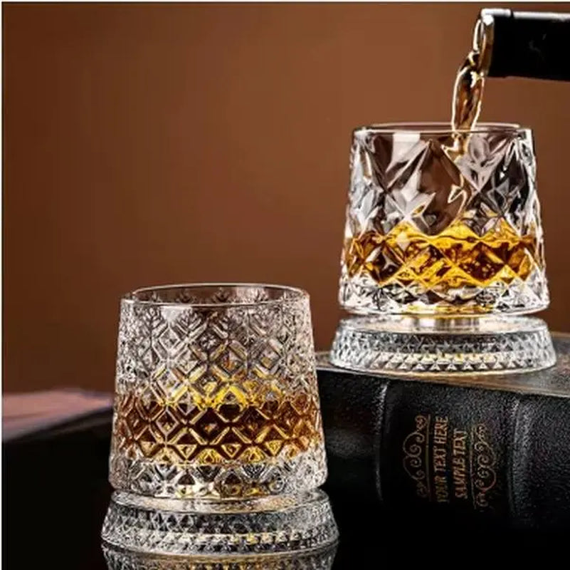 Rotating Whiskey Glass Crystal Whiskey & Rum Glass for Cocktail Parties 360° Rotating Base Premium Crystal Elegant Modern Design Comfortable Grip Stable Spin Versatile Drinkware
