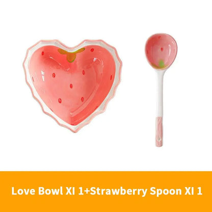 Heart-Shaped Ceramic Bowl with Spoon, Creative Strawberry Pattern Bowl & Spoon, Durable Tableware for Kitchen, Household Dining Plate Set, Ceramic Dish Set, Durable Utensils Tableware