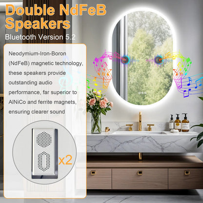 Oval Illuminated Bathroom Vanity Mirror with Bluetooth Speaker Backlit Makeup Mirror