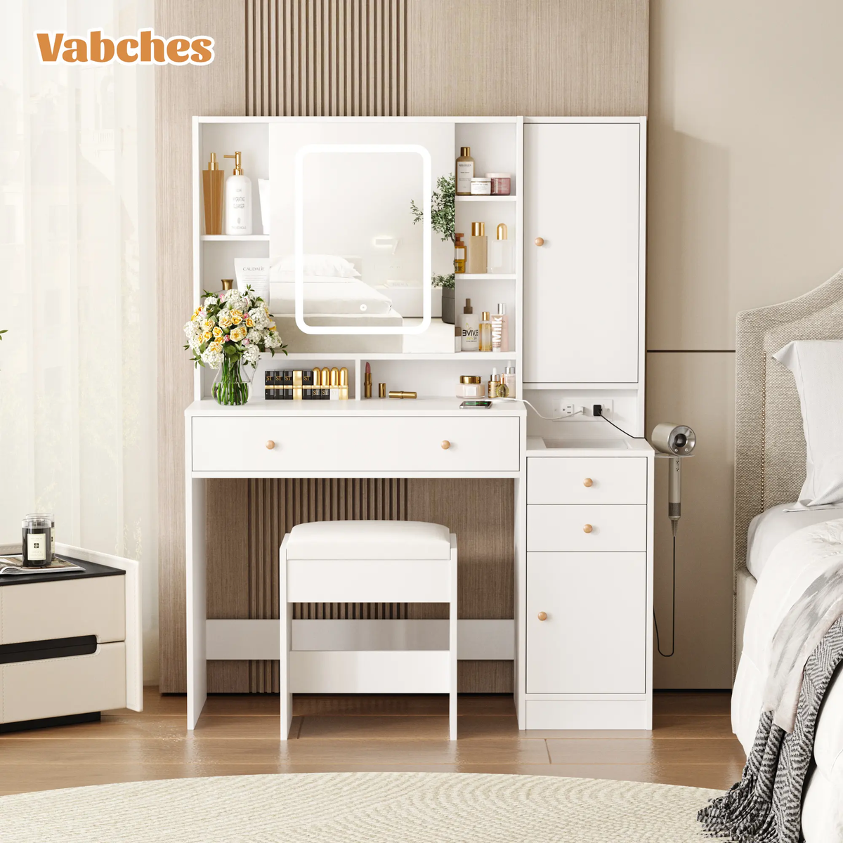 Modern LED Vanity Table with Mirror and Lights, Makeup Vanity Desk with 3 Drawers and Cabinets for Ample Storage by Vabches 