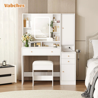 Modern LED Vanity Table with Mirror and Lights, Makeup Vanity Desk with 3 Drawers and Cabinets for Ample Storage by Vabches 