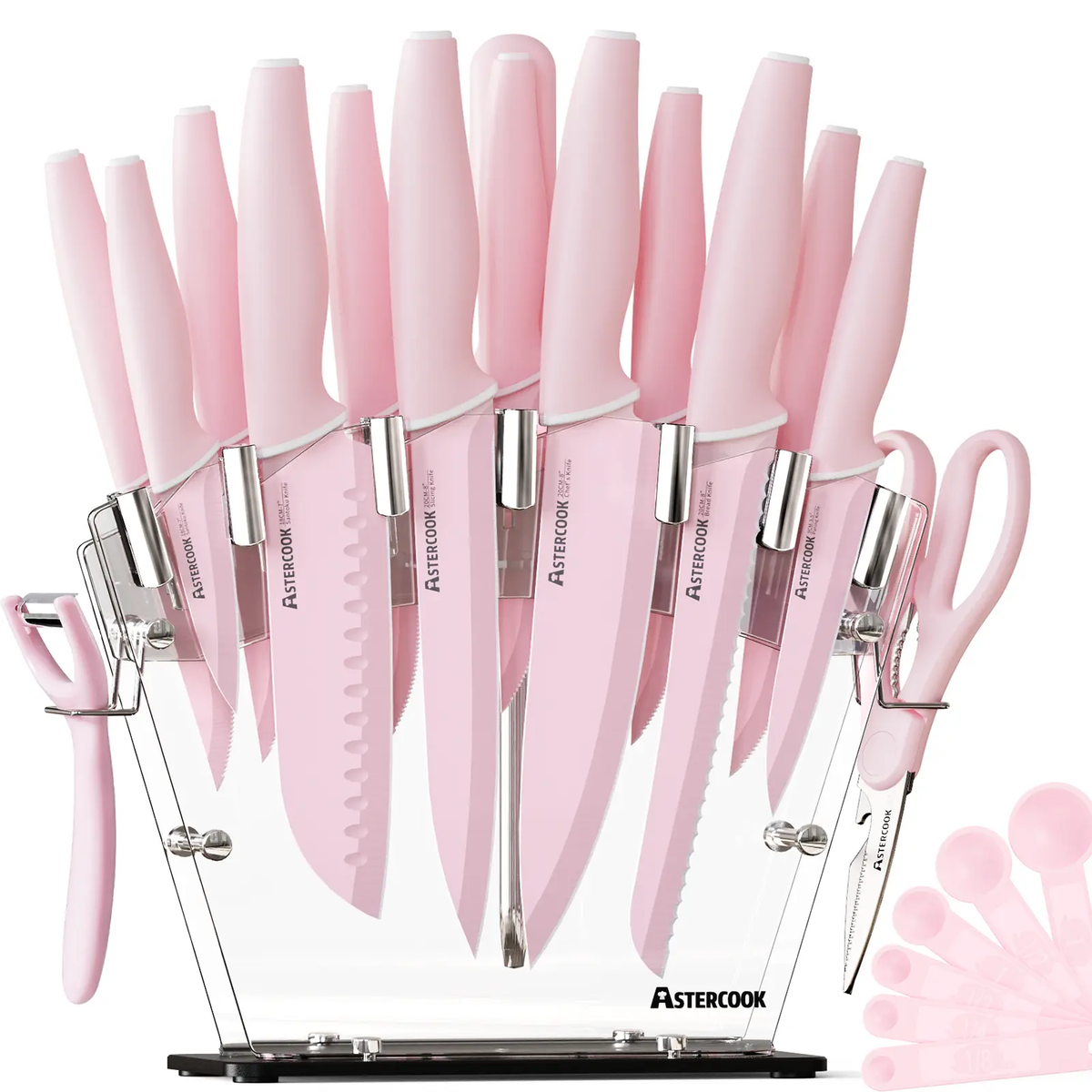 Chef Knife Full Set 16 Pcs- Stand & Measuring Cups Included - Highcarbon Stainless Steel Sharp Serrated Steak Knives, Scissor Knives Block Perfect Balance for Precision Cutting & Slicing