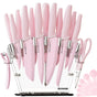 Chef Knife Full Set 16 Pcs- Stand & Measuring Cups Included - Highcarbon Stainless Steel Sharp Serrated Steak Knives, Scissor Knives Block Perfect Balance for Precision Cutting & Slicing
