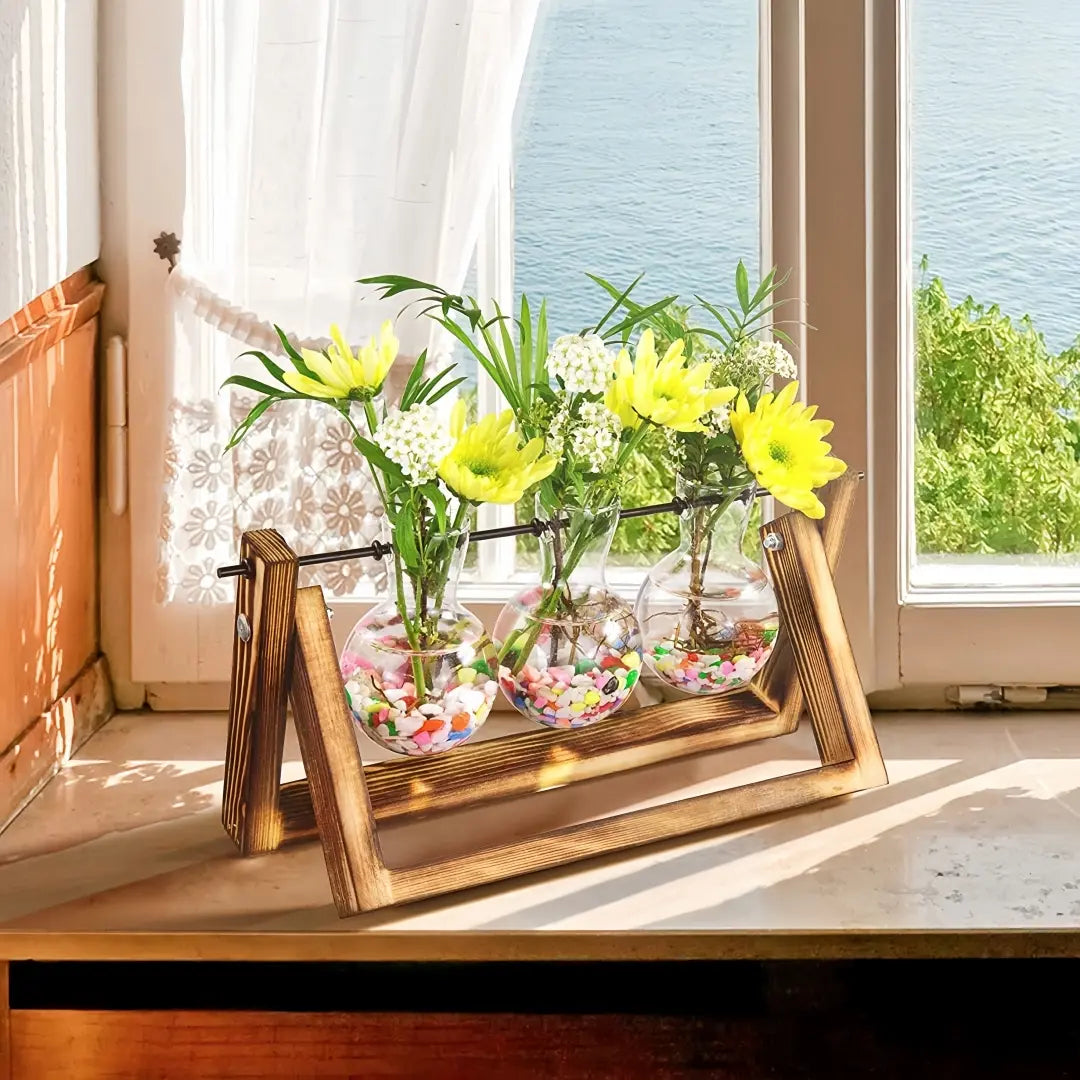 Plant Terrarium with Wooden Stand Air Planter Bulb Glass Vase Metal Swivel Holder Retro Tabletop for Hydroponics Home Garden Office Decoration - 3 Bulb Vase Plant Lover'S Choice