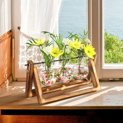 Plant Terrarium with Wooden Stand Air Planter Bulb Glass Vase Metal Swivel Holder Retro Tabletop for Hydroponics Home Garden Office Decoration - 3 Bulb Vase Plant Lover'S Choice