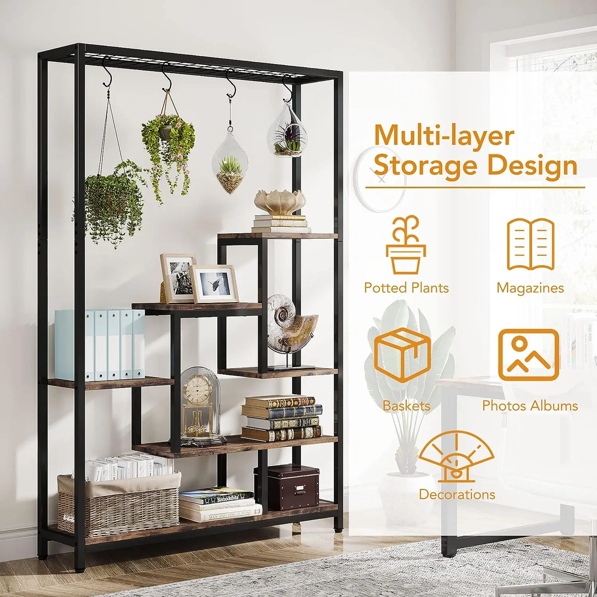 Large 5-Tier Indoor Plant Stand Tall with 10 PCS Hanging Hooks, Organiser, Metal Rack Shelf Decoration by Tribesigns 