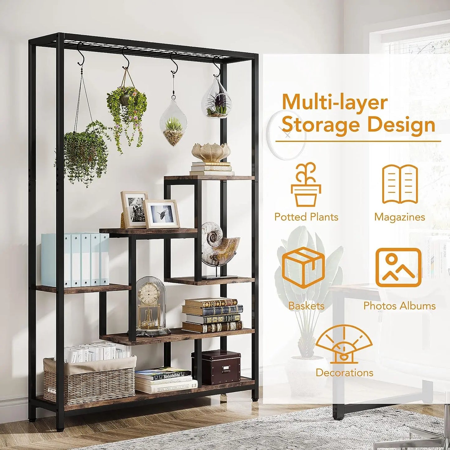 Large 5-Tier Indoor Plant Stand Tall with 10 PCS Hanging Hooks, Organiser, Metal Rack Shelf Decoration by Tribesigns 