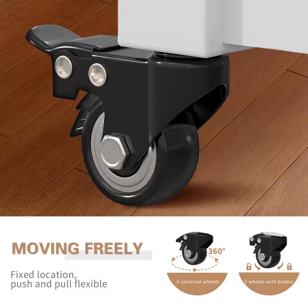 Kitchen Island Cart on Wheels, 40 In. Rolling Utility Cart with Power Strip, White Wood Top Shelves for Kitchen Storage