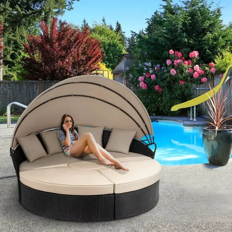 Walsunny Outdoor round Daybed with Retractable Canopy Wicker Rattan Separated Seating Sectional Sofa for Lawn Garden Backyard Porch Patio Furniture 