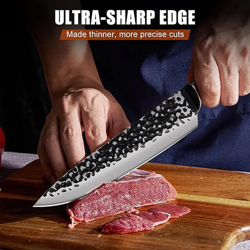 3PCS Professional Kitchen Knife Set Forged Hammered Japanese Chef Knife Sharp German High Carbon Stainless Steel 8 Inch Chef'S Knife 7 Inch Nakiri Knife 5 Inch Utility Knife