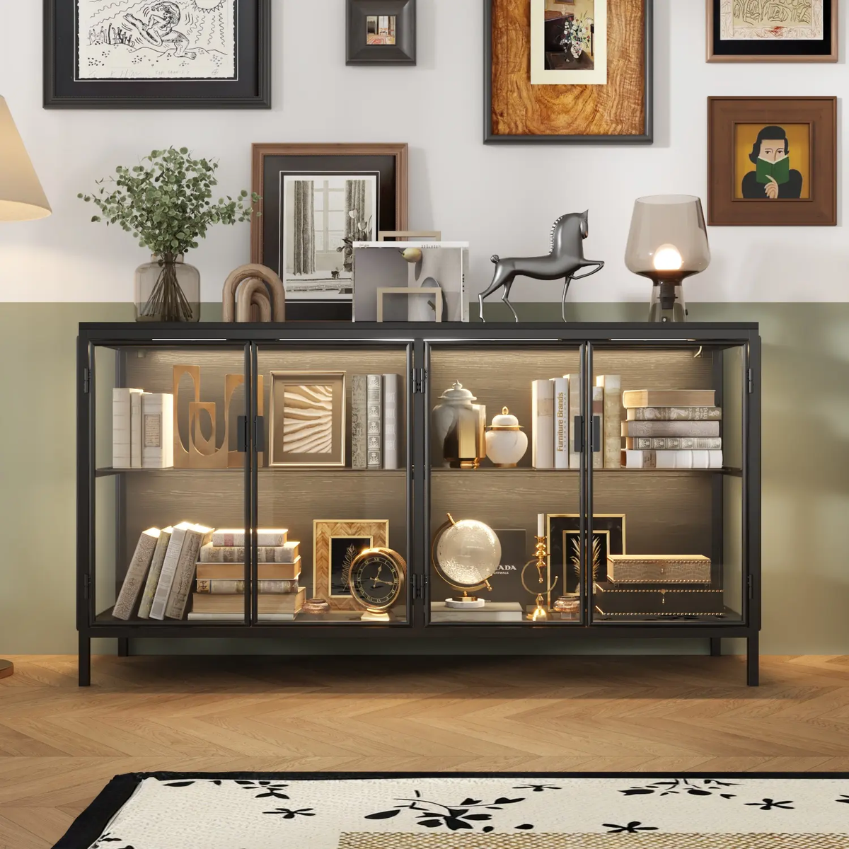 FUFU&GAGA Storage Cabinet with 3-Color LED Lights Glass Shelves & 4 Compartments Modern Display Cabinet for Living Room Dining Room Solid Metal Legs Adjustable Lighting