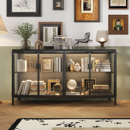 FUFU&GAGA Storage Cabinet with 3-Color LED Lights Glass Shelves & 4 Compartments Modern Display Cabinet for Living Room Dining Room Solid Metal Legs Adjustable Lighting