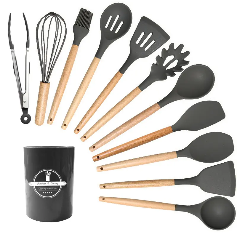 12 Pieces Silicone Kitchen Utensil Set, Wooden Handles, Durable, Heat-Resistant, for Cooking and Baking, Kitchen Supplies, Girly Kitchenware Black