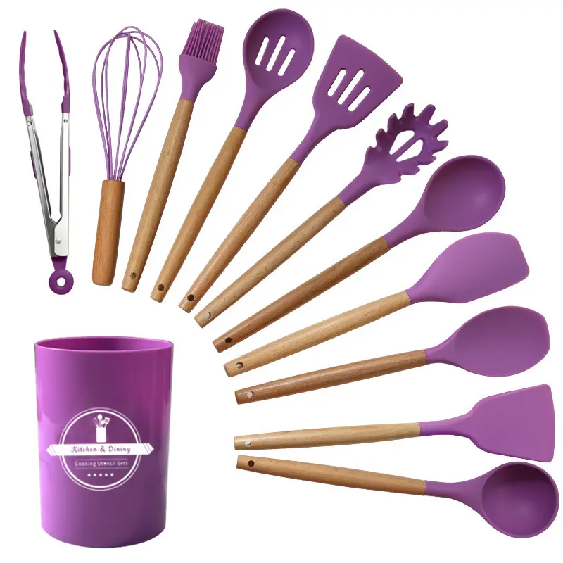 12 Pieces Silicone Kitchen Utensil Set, Wooden Handles, Durable, Heat-Resistant, for Cooking and Baking, Kitchen Supplies, Girly Kitchenware Black