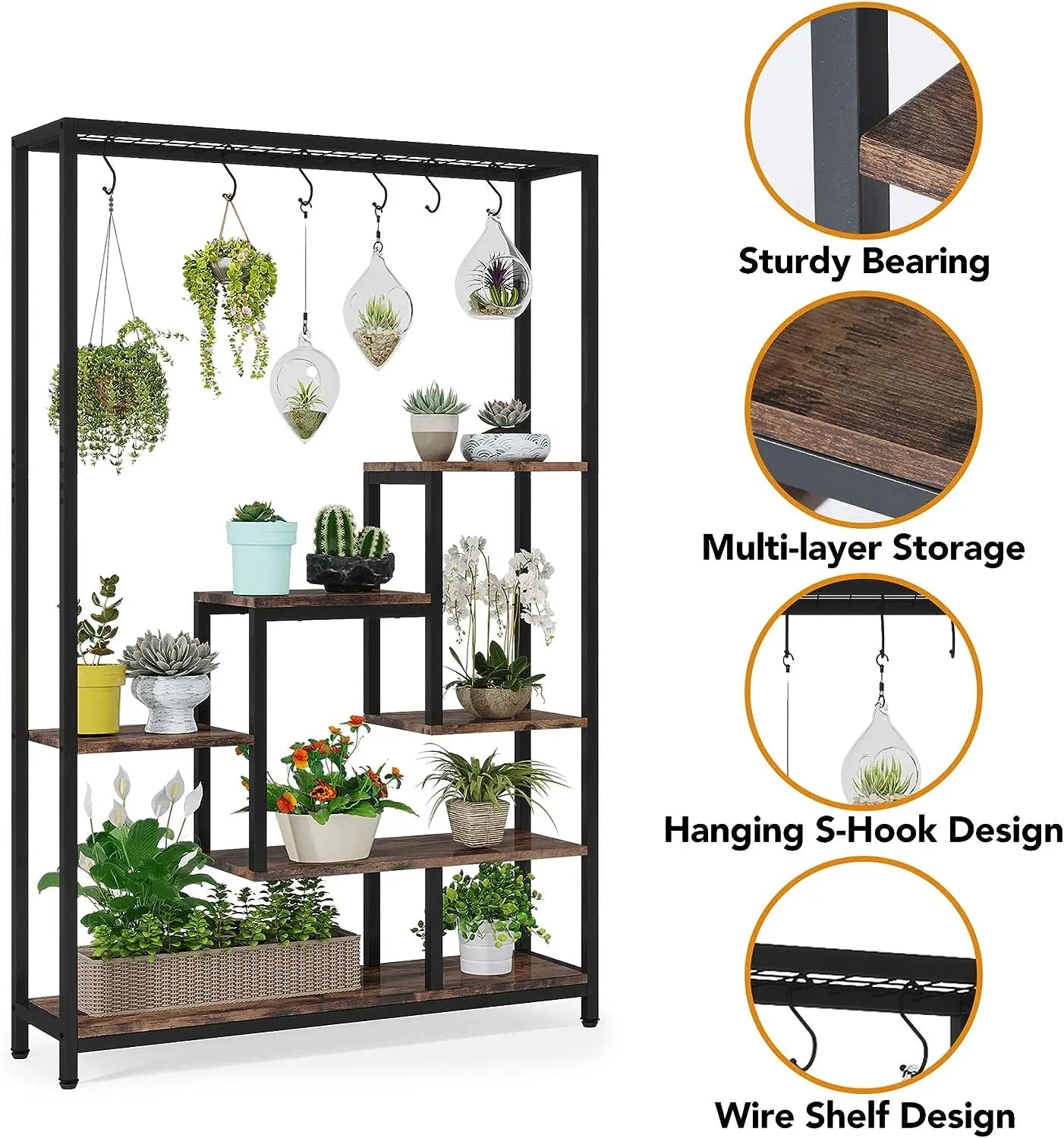 Large 5-Tier Indoor Plant Stand Tall with 10 PCS Hanging Hooks, Organiser, Metal Rack Shelf Decoration by Tribesigns 