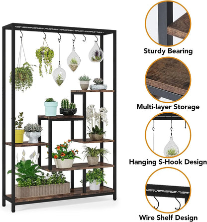 Large 5-Tier Indoor Plant Stand Tall with 10 PCS Hanging Hooks, Organiser, Metal Rack Shelf Decoration by Tribesigns 