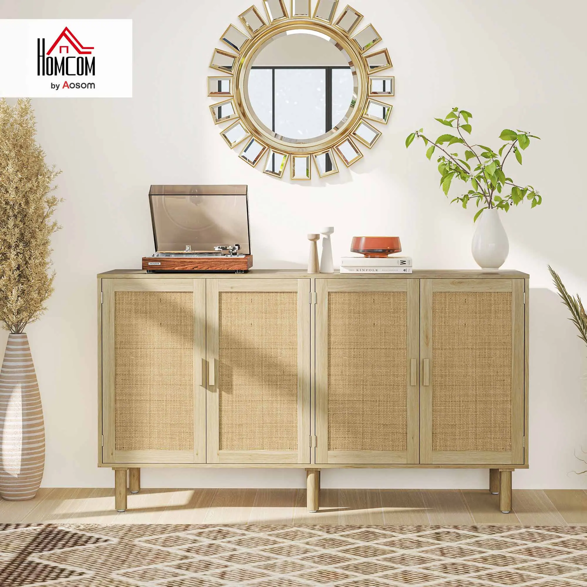 Buffet Cabinet, Boho Buffet Table, Rattan Coffee Bar Cabinet with 2/3/4 Doors and Shelves for Kitchen, Living Room, Entryway, Natural HOMCOM Sideboard 