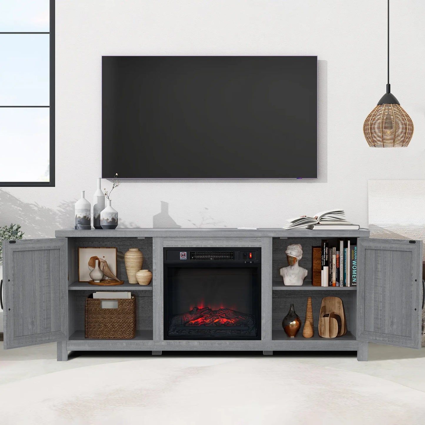 58" Farmhouse TV Stand with 18" Insert Electric Fireplace for Living Room Rustic White Brown Grey Finish PARROT UNCLE MDF Laminate Construction Modern Appeal Christmas Halloween
