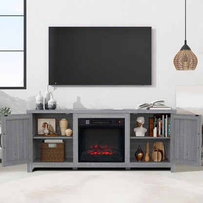 58" Farmhouse TV Stand with 18" Insert Electric Fireplace for Living Room Rustic White Brown Grey Finish PARROT UNCLE MDF Laminate Construction Modern Appeal Christmas Halloween