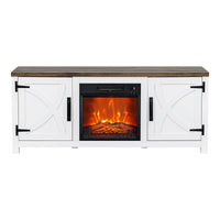 58" Farmhouse TV Stand with 18" Insert Electric Fireplace for Living Room Rustic White Brown Grey Finish PARROT UNCLE MDF Laminate Construction Modern Appeal Christmas Halloween