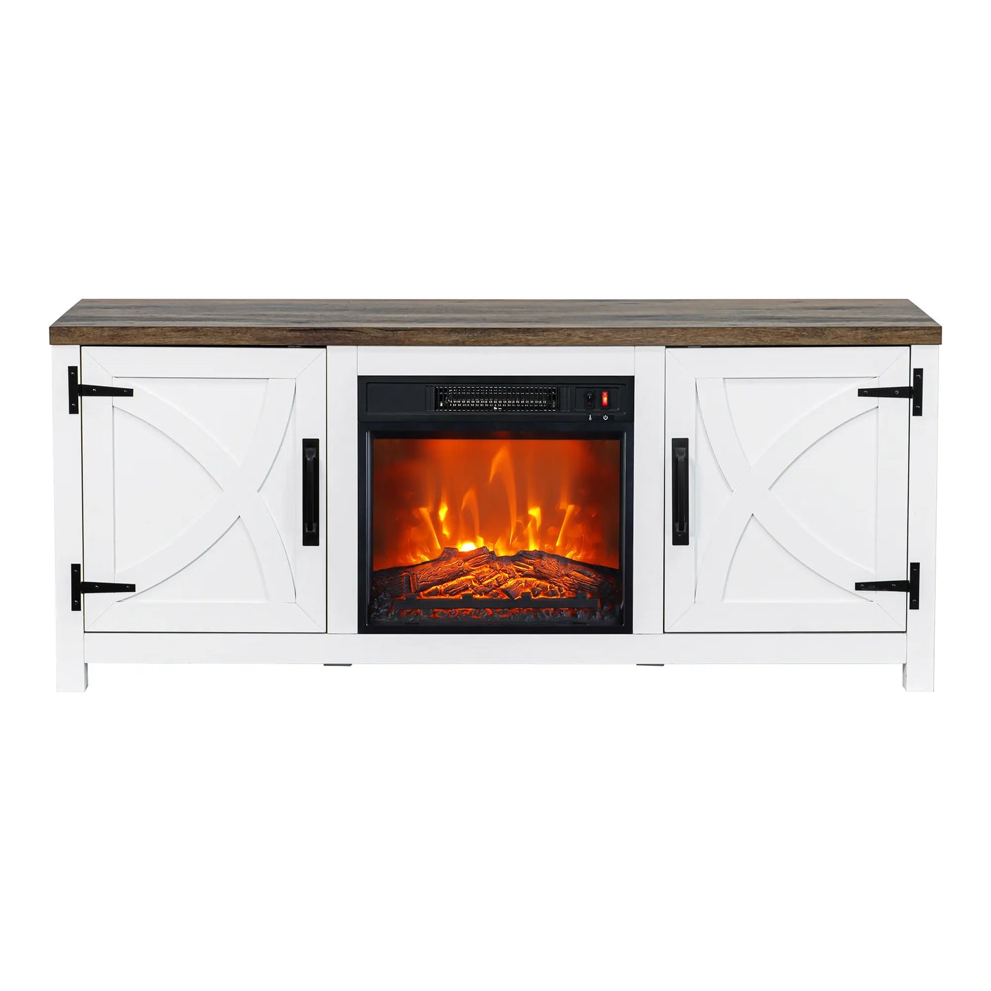 58" Farmhouse TV Stand with 18" Insert Electric Fireplace for Living Room Rustic White Brown Grey Finish PARROT UNCLE MDF Laminate Construction Modern Appeal Christmas Halloween